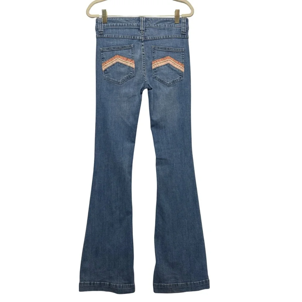 Free People Le Disco Flare Jeans Womens 26 Blue Bell Bottom Rainbow Pocket Retro